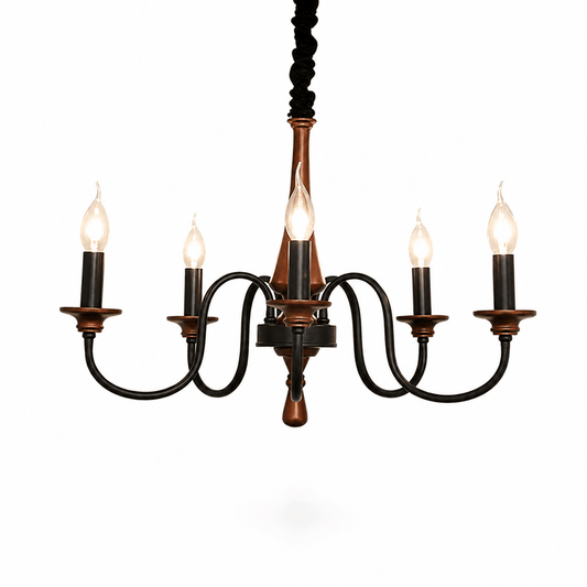Rustic Wood & Iron Candle Chandelier with Adjustable Height & Elegant