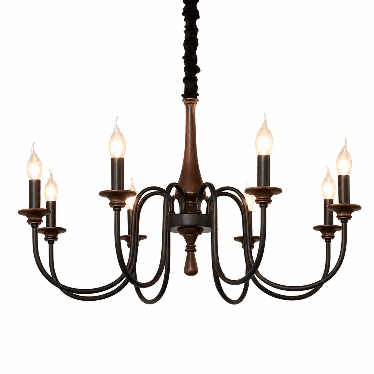 Rustic Wood & Iron Candle Chandelier with Adjustable Height & Elegant