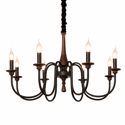 Rustic Wood & Iron Candle Chandelier with Adjustable Height & Elegant
