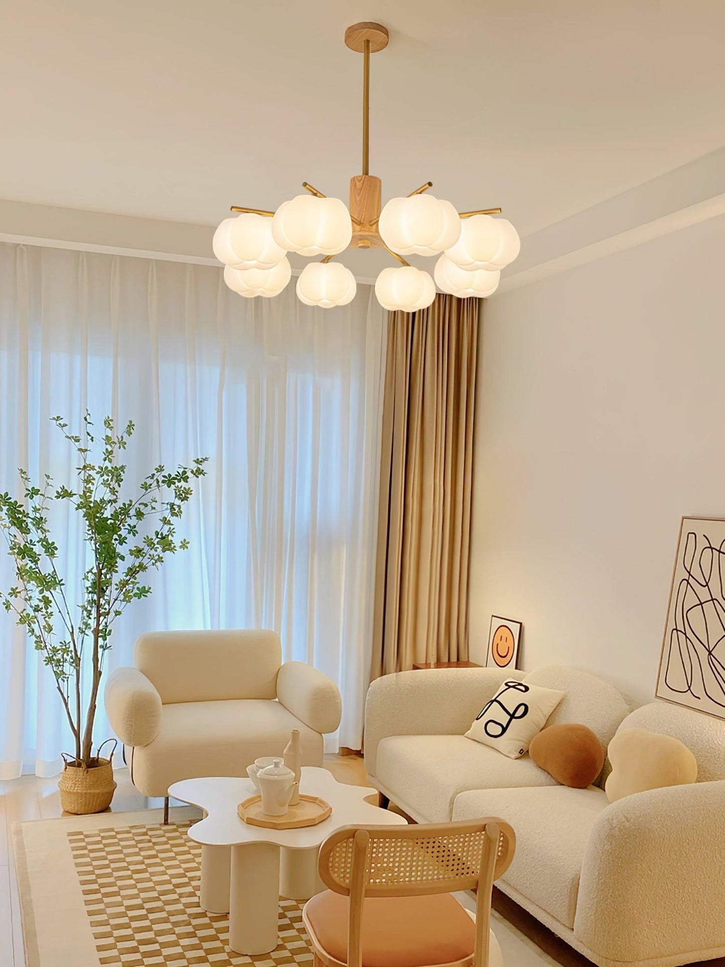 Elegant Wooden Cotton Balls Chandelier - Soft Ambient Lighting & Uniqu