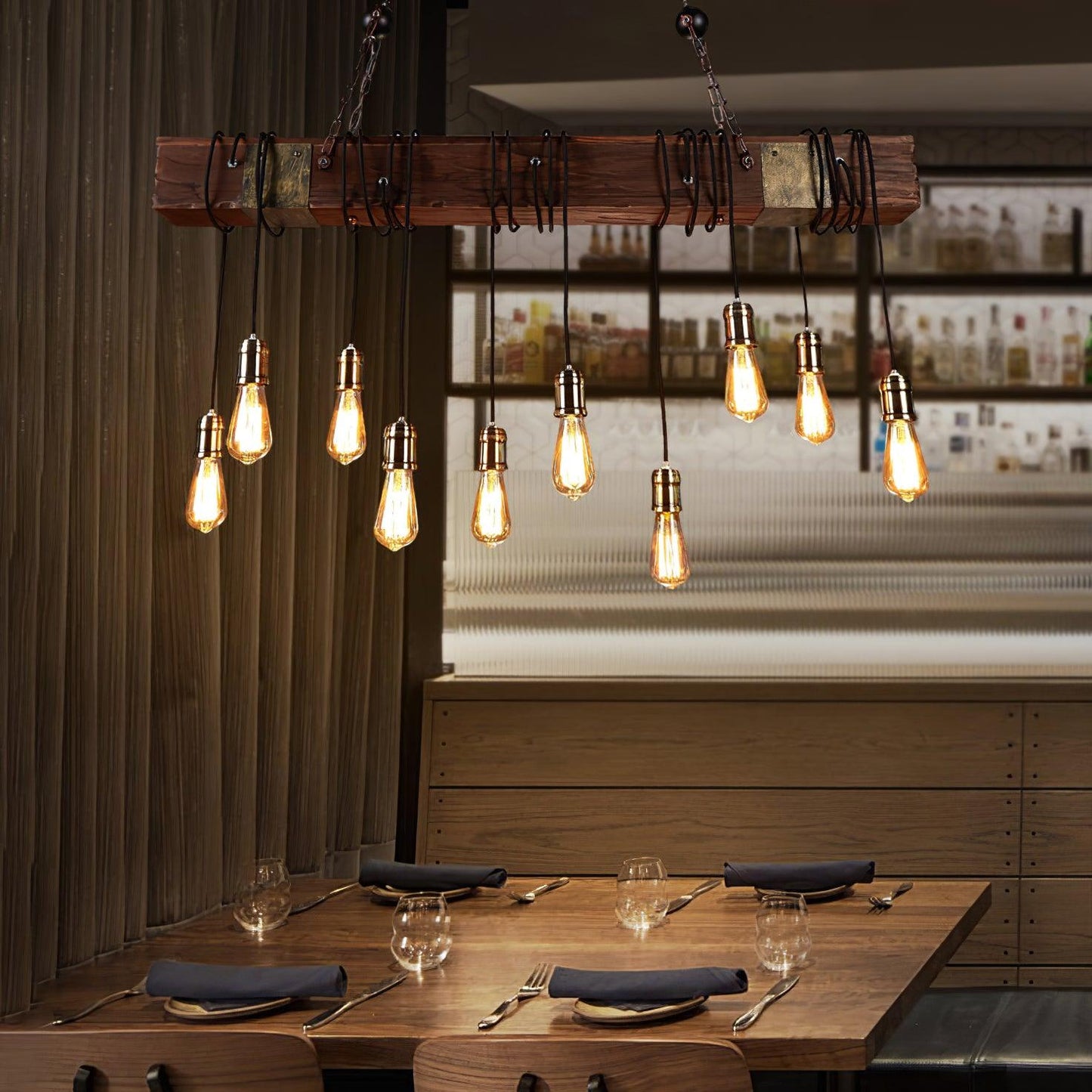 Elegant Wood Hanging Multi Chandelier with Adjustable Height & LED Lig