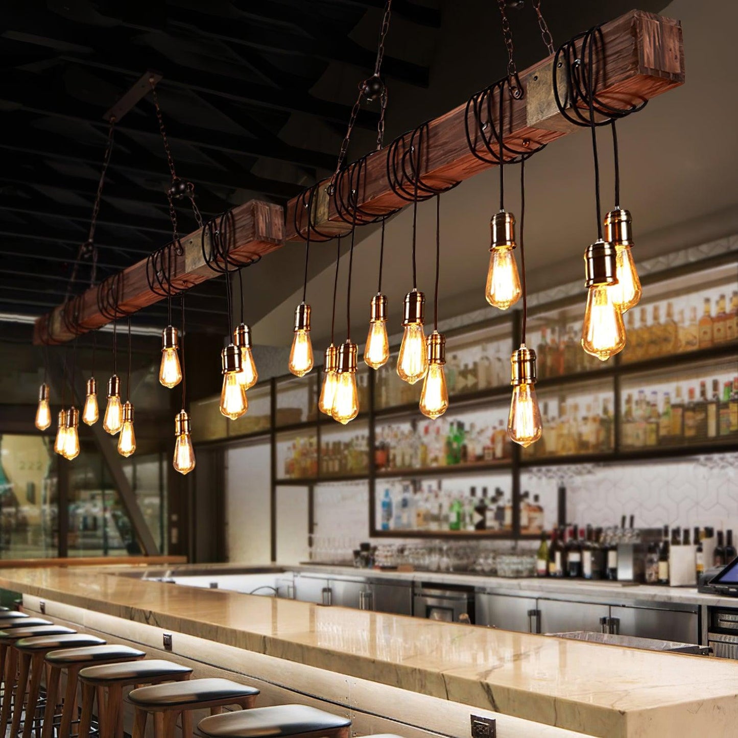 Elegant Wood Hanging Multi Chandelier with Adjustable Height & LED Lig