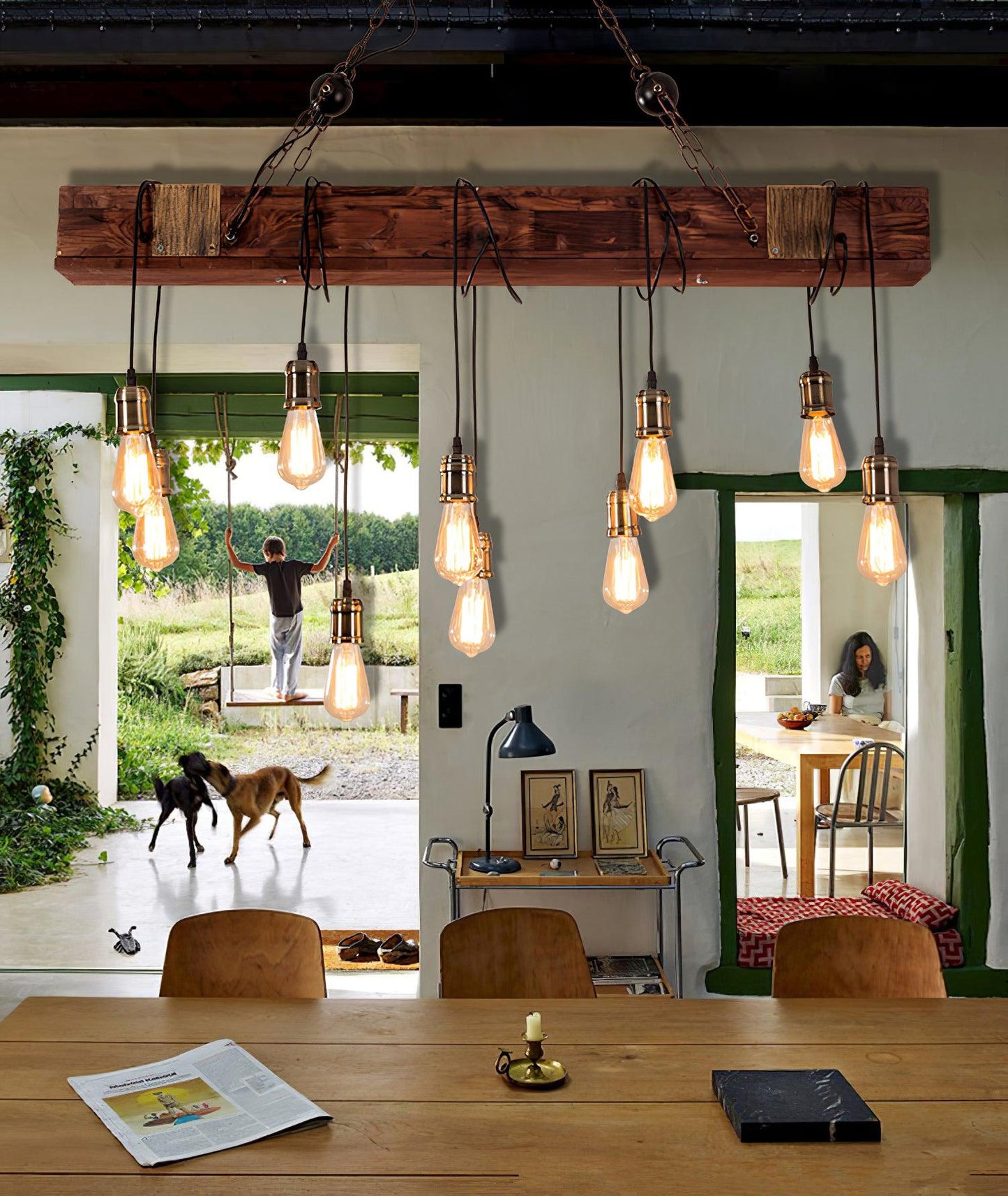 Elegant Wood Hanging Multi Chandelier with Adjustable Height & LED Lig