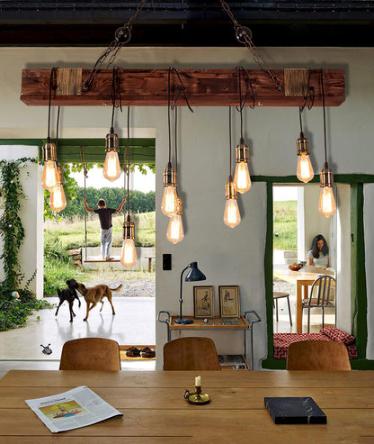 Elegant Wood Hanging Multi Chandelier with Adjustable Height & LED Lig