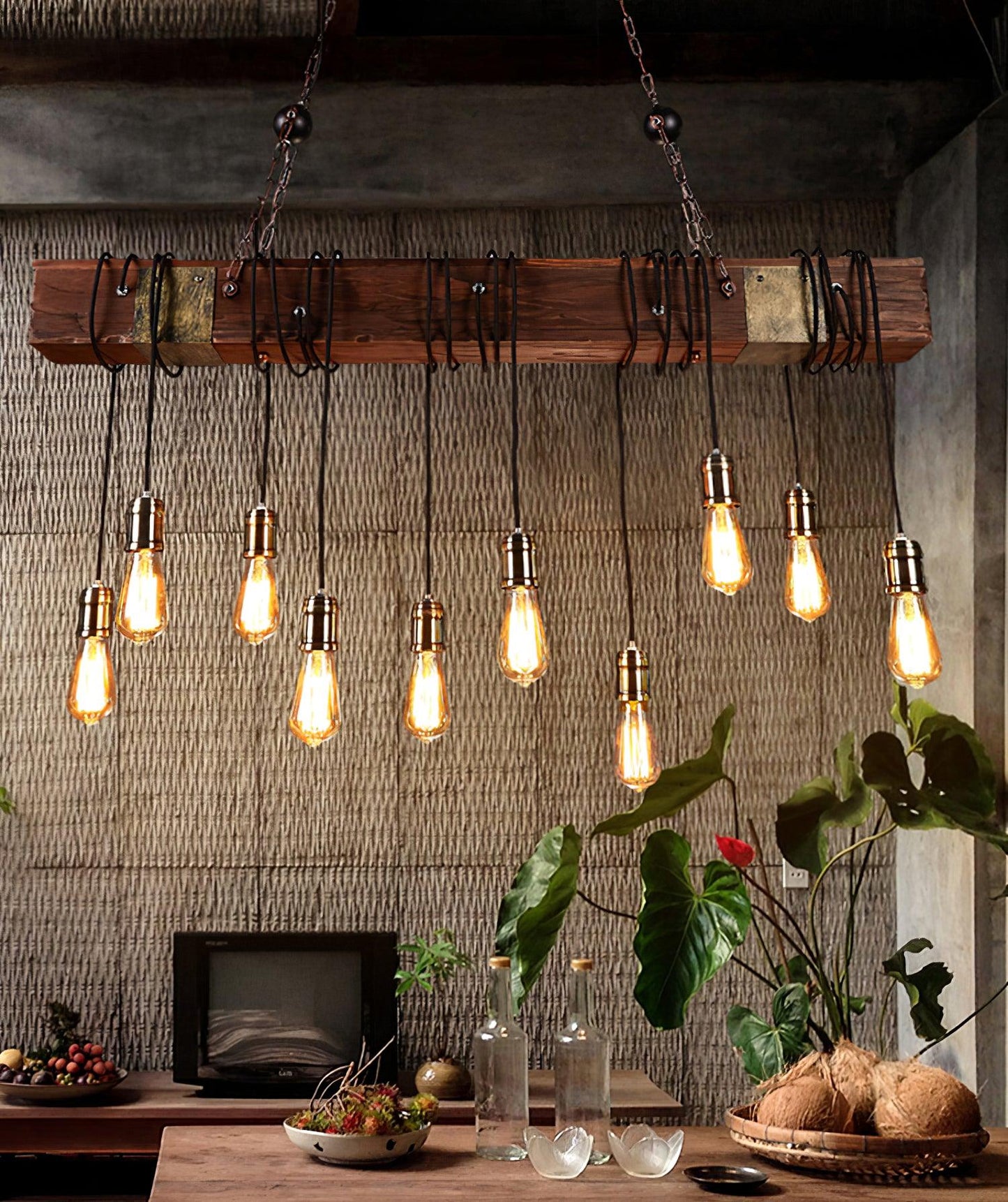 Elegant Wood Hanging Multi Chandelier with Adjustable Height & LED Lig