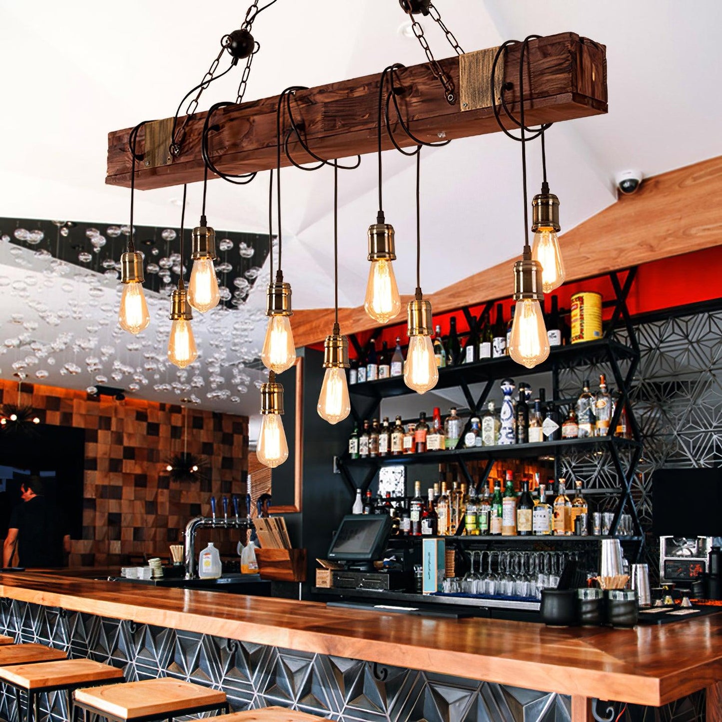 Elegant Wood Hanging Multi Chandelier with Adjustable Height & LED Lig