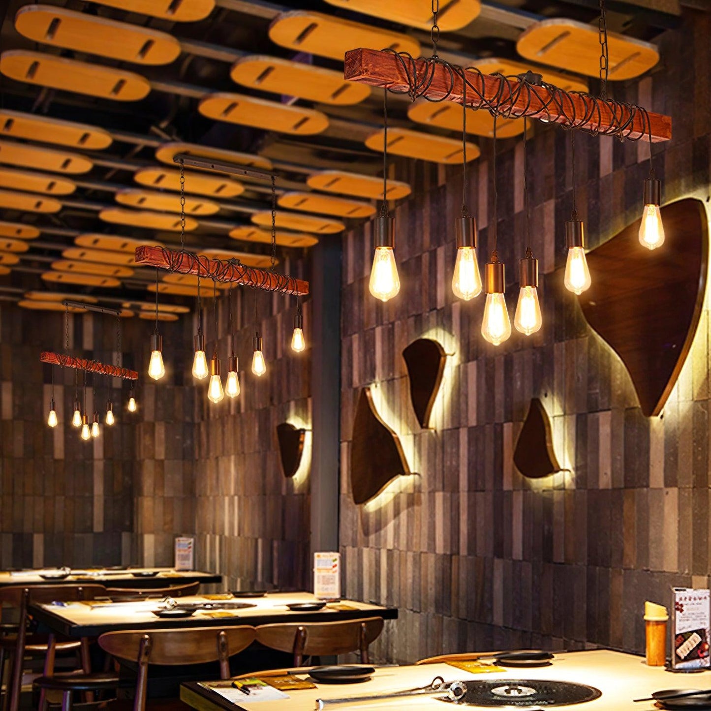 Elegant Wood Hanging Multi Chandelier with Adjustable Height & LED Lig