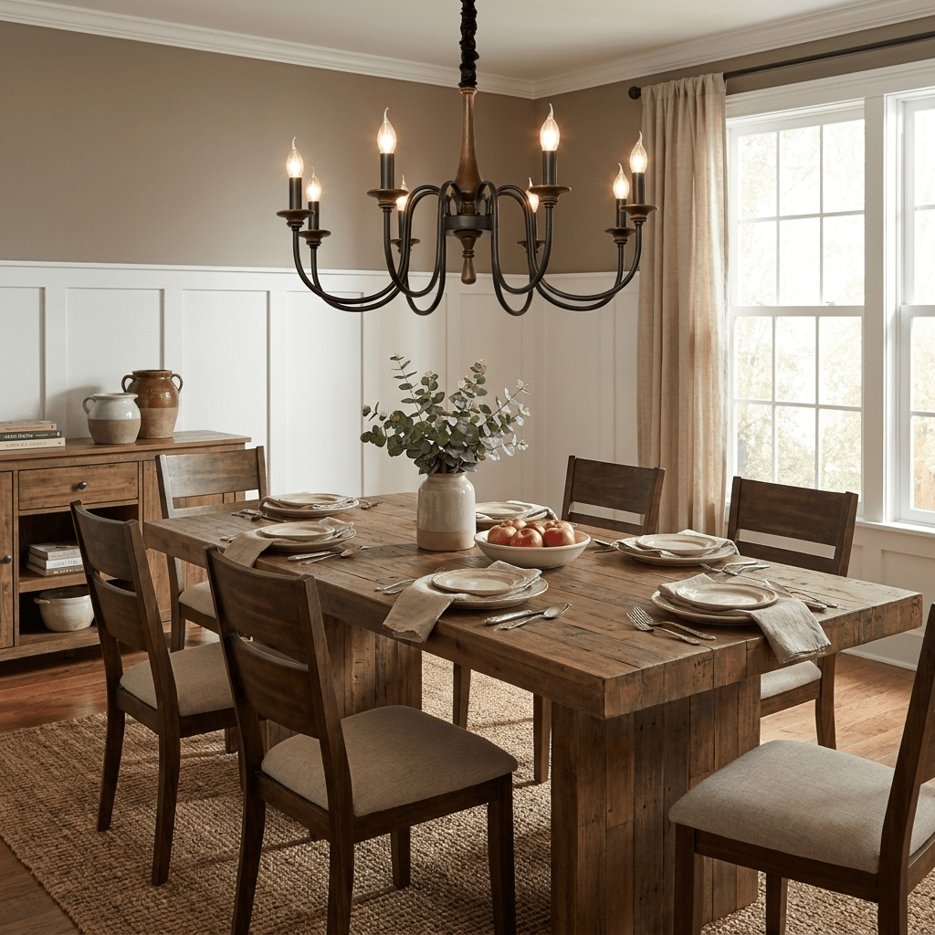 Rustic Wood & Iron Candle Chandelier with Adjustable Height & Elegant