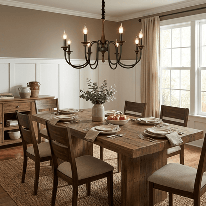 Rustic Wood & Iron Candle Chandelier with Adjustable Height & Elegant