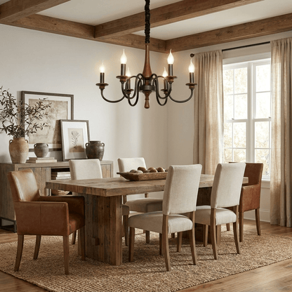 Rustic Wood & Iron Candle Chandelier with Adjustable Height & Elegant