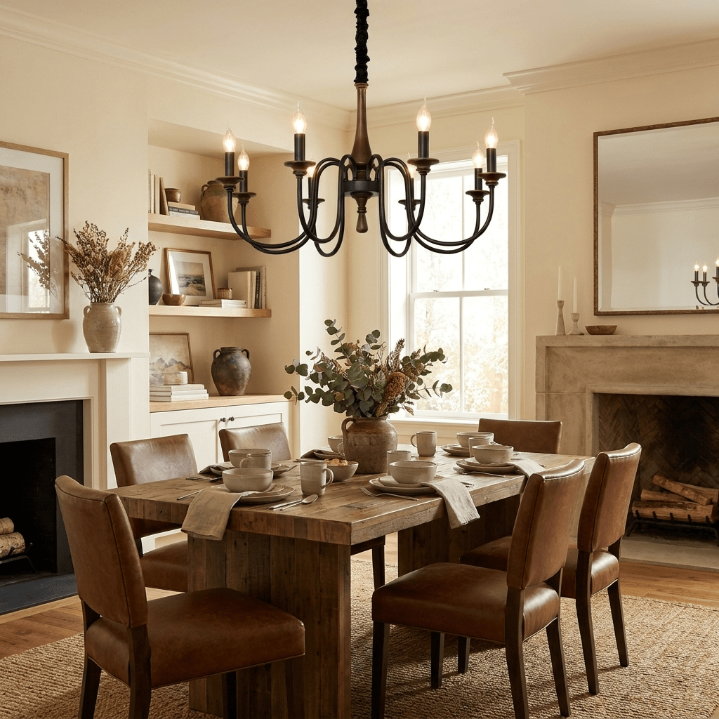 Rustic Wood & Iron Candle Chandelier with Adjustable Height & Elegant