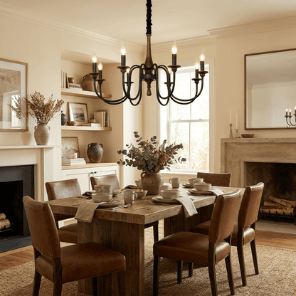 Rustic Wood & Iron Candle Chandelier with Adjustable Height & Elegant