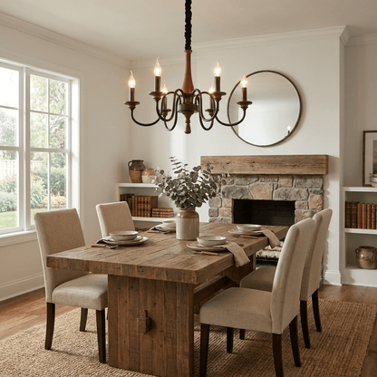 Rustic Wood & Iron Candle Chandelier with Adjustable Height & Elegant
