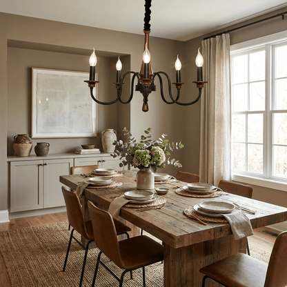 Rustic Wood & Iron Candle Chandelier with Adjustable Height & Elegant