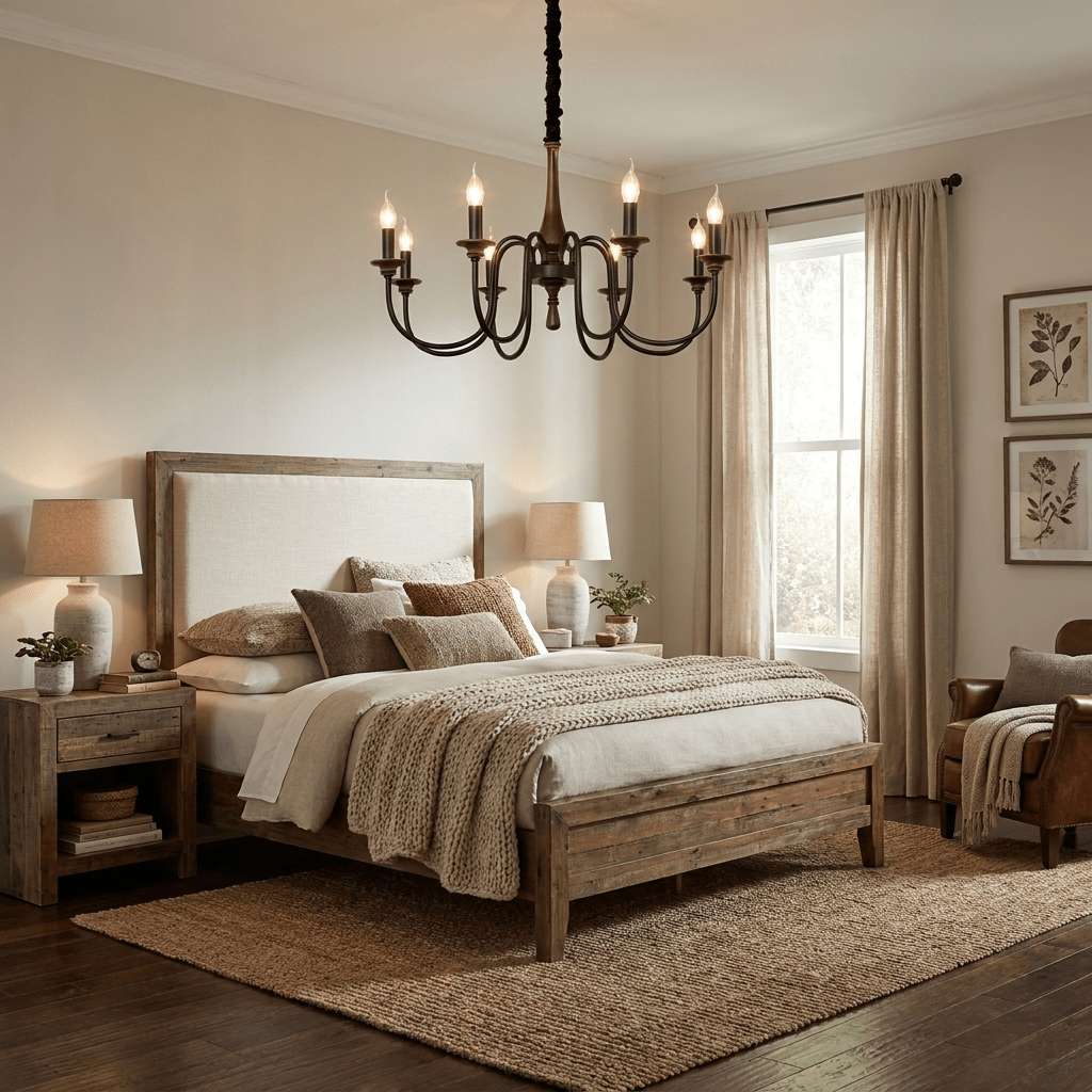Rustic Wood & Iron Candle Chandelier with Adjustable Height & Elegant