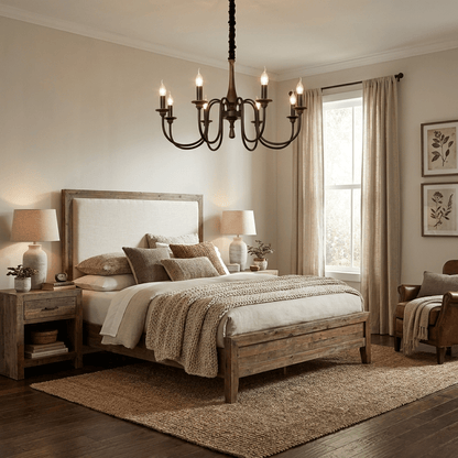 Rustic Wood & Iron Candle Chandelier with Adjustable Height & Elegant