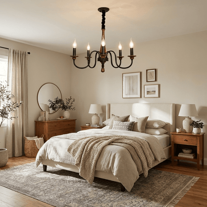 Rustic Wood & Iron Candle Chandelier with Adjustable Height & Elegant