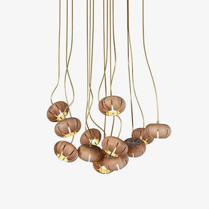 Rustic Wood Pumpkin Cluster Chandelier - Adjustable Height & Warm Glow