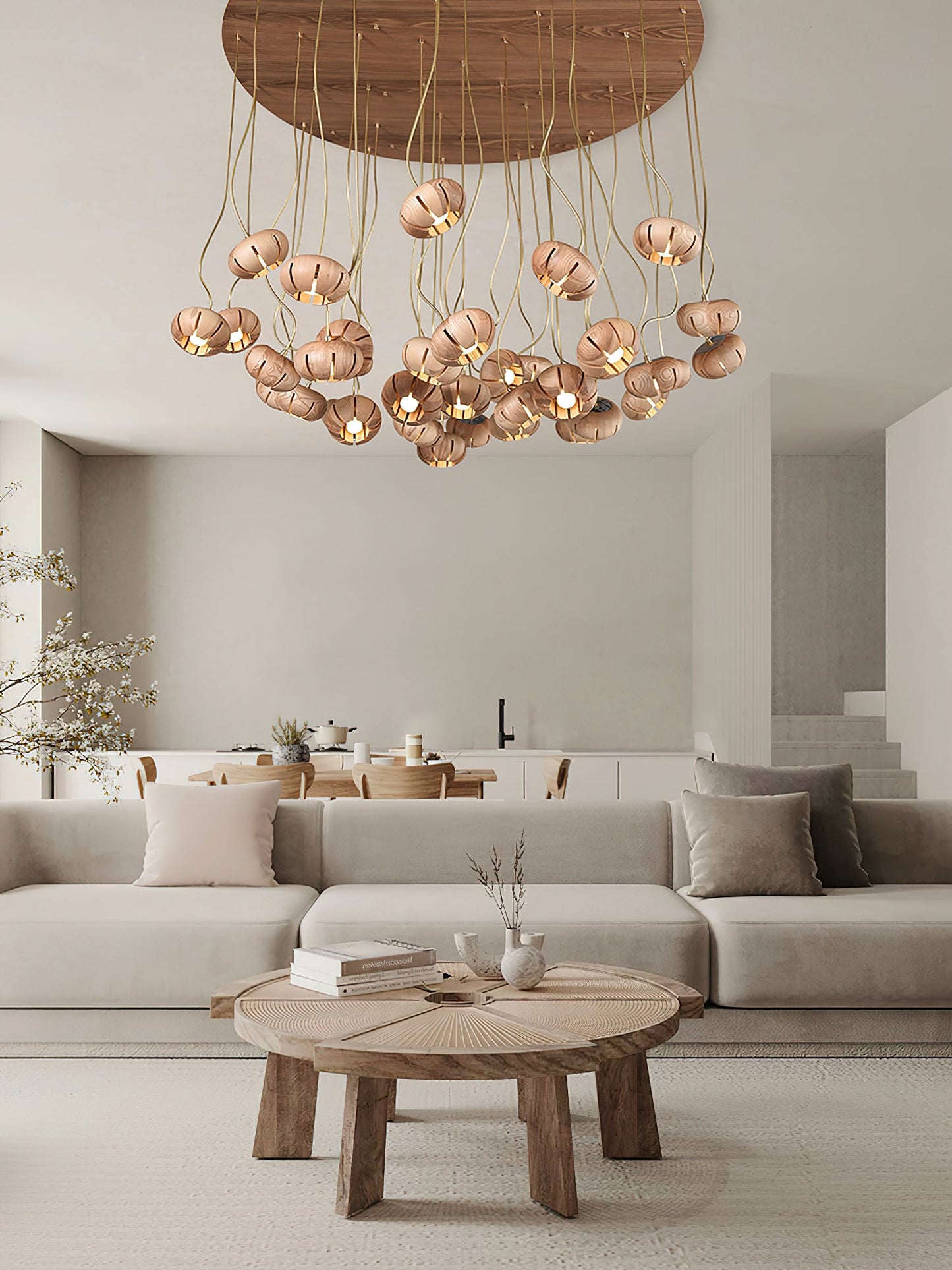 Rustic Wood Pumpkin Cluster Chandelier - Adjustable Height & Warm Glow