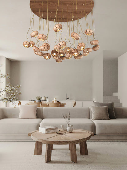 Rustic Wood Pumpkin Cluster Chandelier - Adjustable Height & Warm Glow