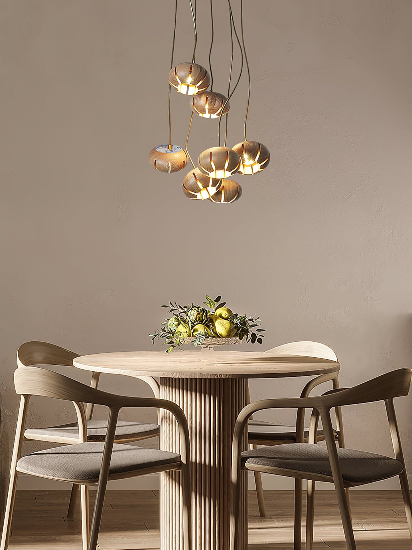 Rustic Wood Pumpkin Cluster Chandelier - Adjustable Height & Warm Glow