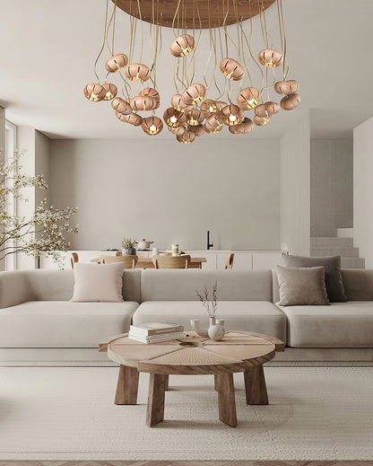 Rustic Wood Pumpkin Cluster Chandelier - Adjustable Height & Warm Glow