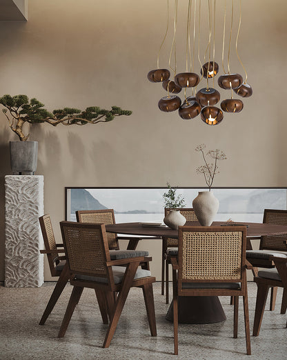 Rustic Wood Pumpkin Cluster Chandelier - Adjustable Height & Warm Glow