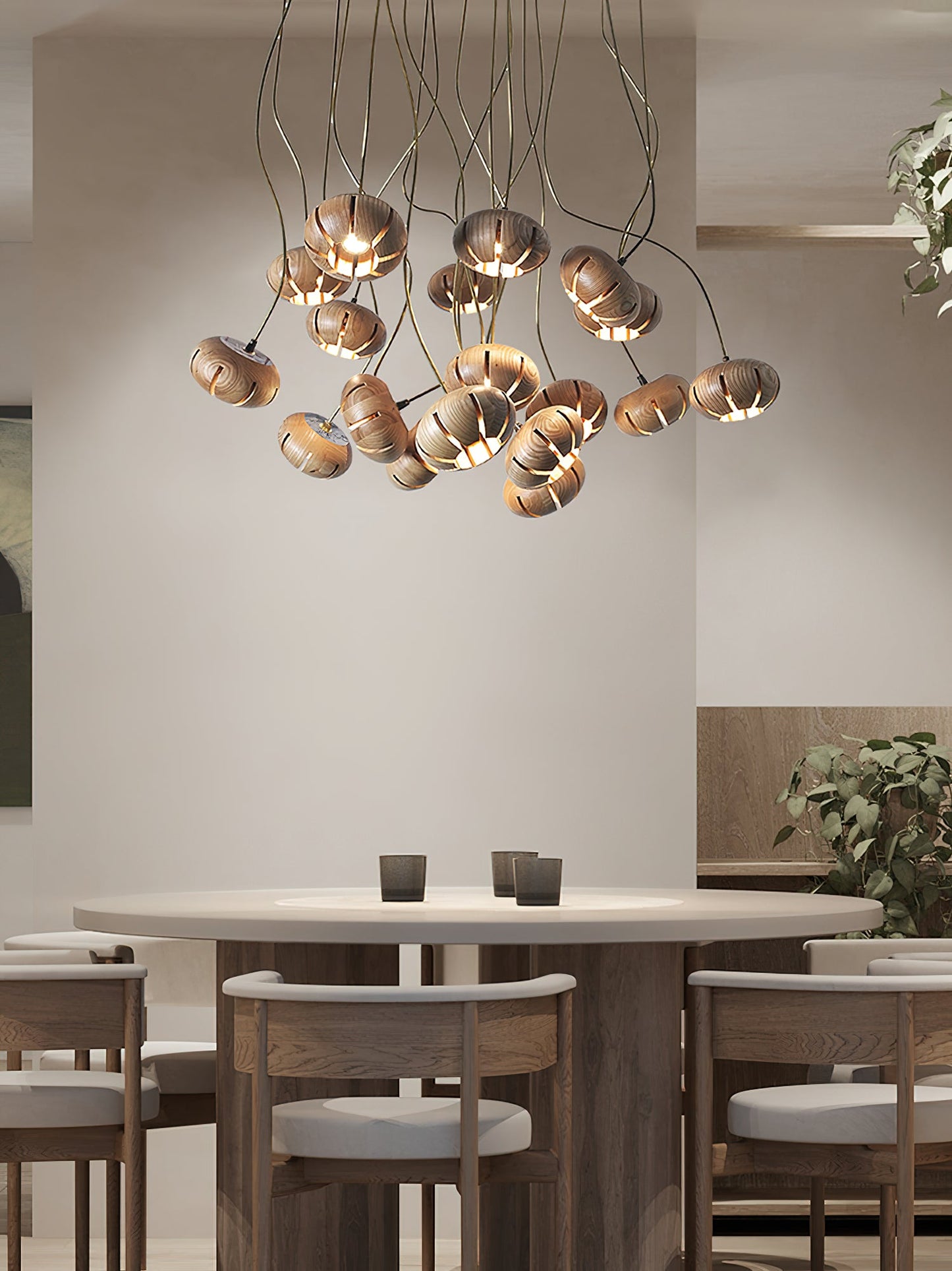 Rustic Wood Pumpkin Cluster Chandelier - Adjustable Height & Warm Glow