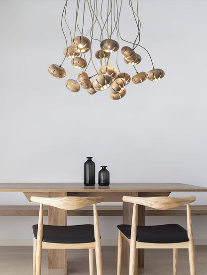 Rustic Wood Pumpkin Cluster Chandelier - Adjustable Height & Warm Glow
