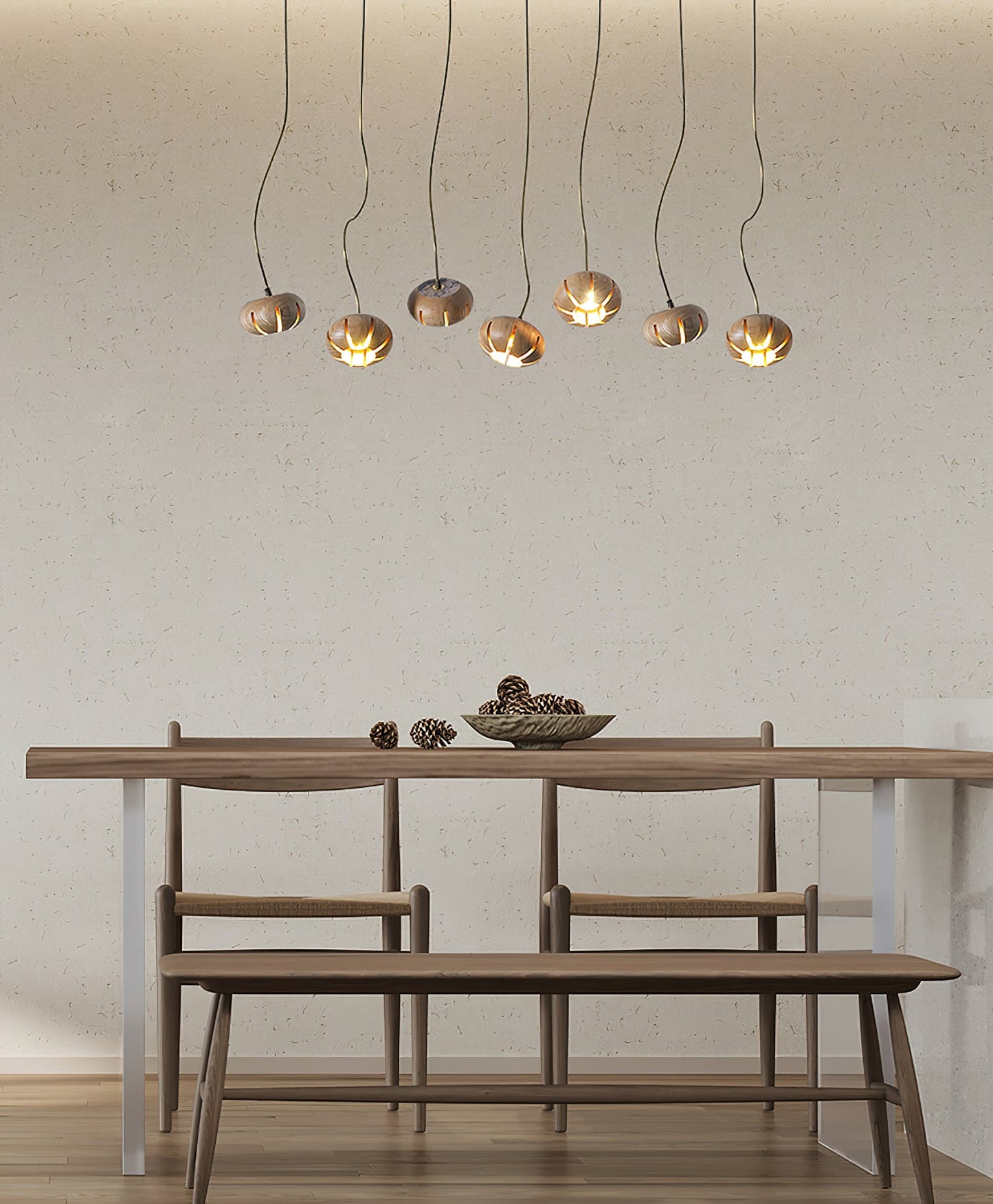 Rustic Wood Pumpkin Cluster Chandelier - Adjustable Height & Warm Glow