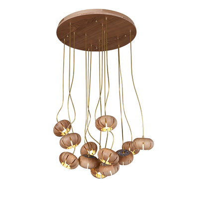 Rustic Wood Pumpkin Cluster Chandelier - Adjustable Height & Warm Glow