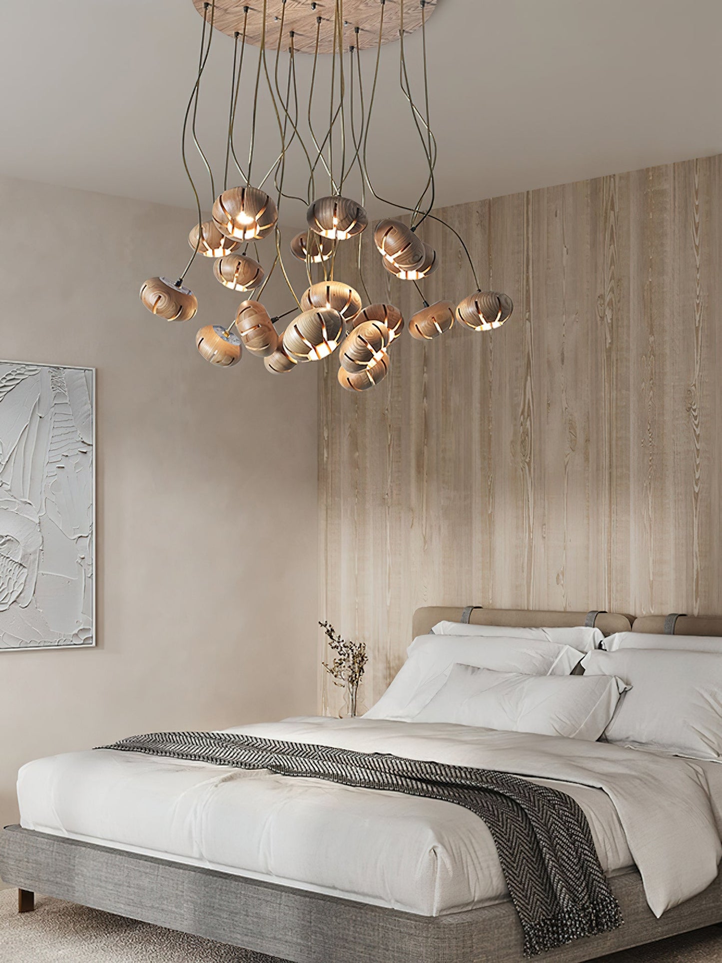 Rustic Wood Pumpkin Cluster Chandelier - Adjustable Height & Warm Glow