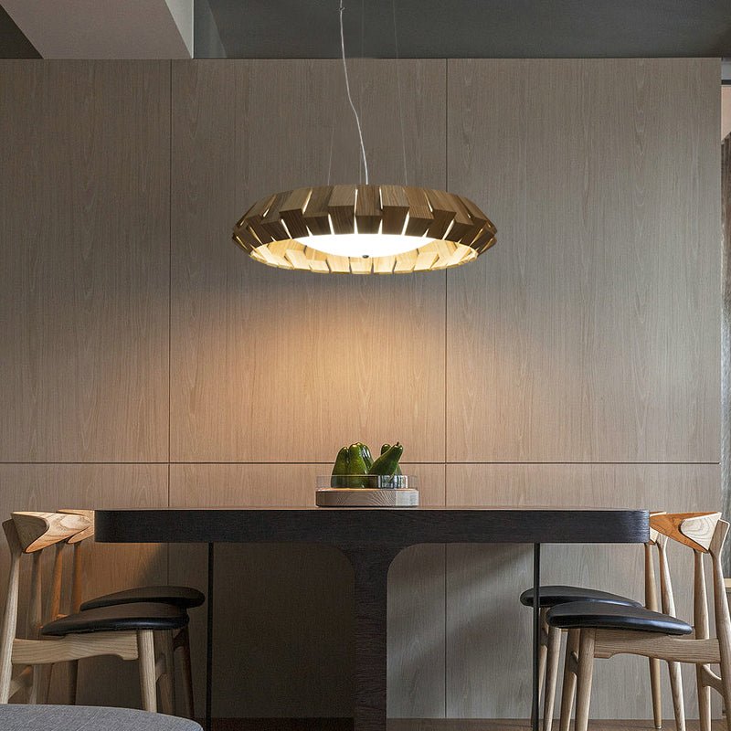 Rustic Wooden Patchwork Ring Chandelier - Adjustable Height, Warm Glow