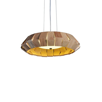 Rustic Wooden Patchwork Ring Chandelier - Adjustable Height, Warm Glow