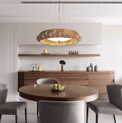 Rustic Wooden Patchwork Ring Chandelier - Adjustable Height, Warm Glow