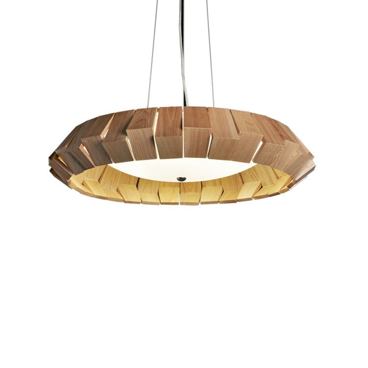 Rustic Wooden Patchwork Ring Chandelier - Adjustable Height, Warm Glow