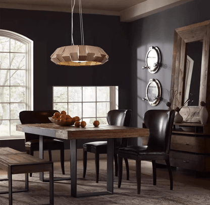 Rustic Wooden Patchwork Ring Chandelier - Adjustable Height, Warm Glow