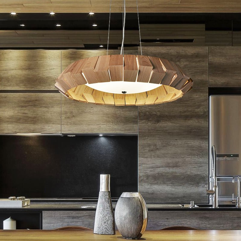 Rustic Wooden Patchwork Ring Chandelier - Adjustable Height, Warm Glow