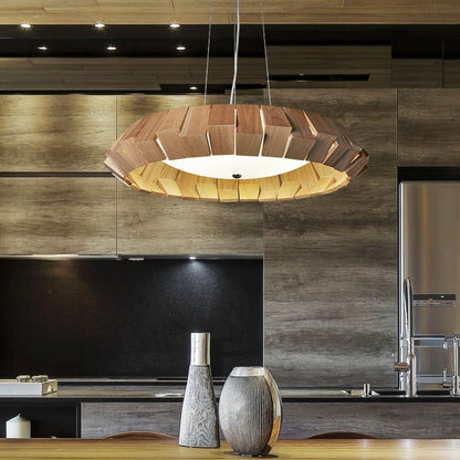 Rustic Wooden Patchwork Ring Chandelier - Adjustable Height, Warm Glow