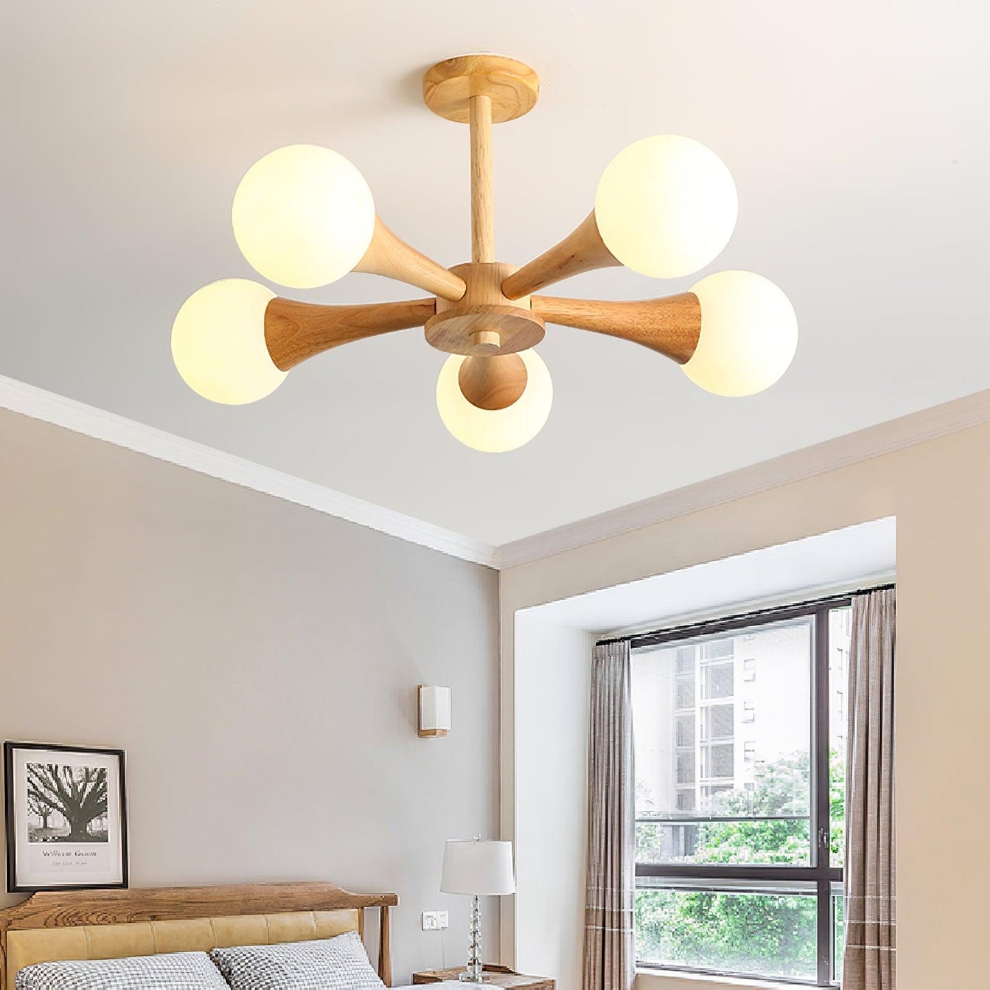 Elegant Wooden Nera Chandelier - Adjustable Height, Energy Efficient