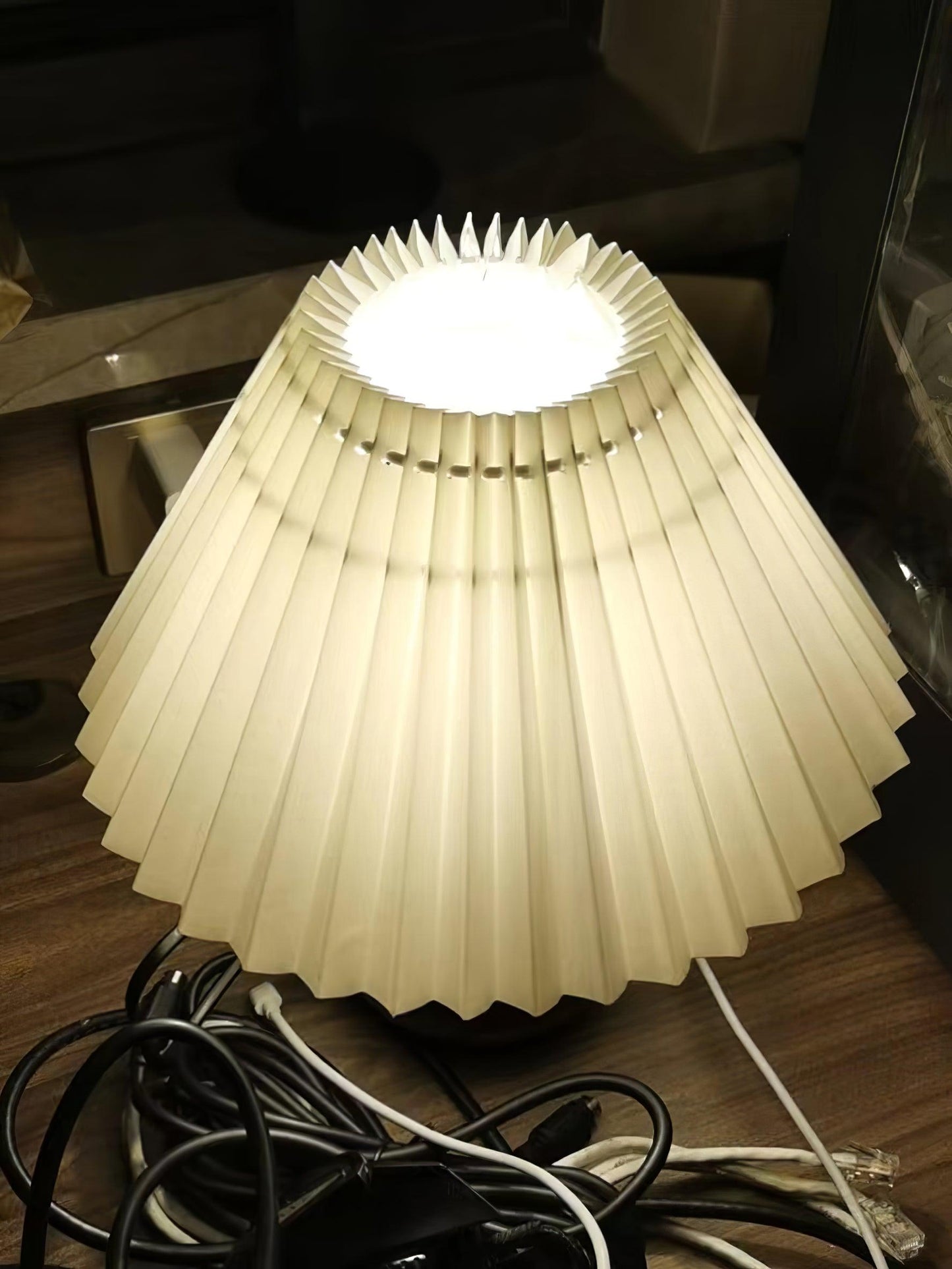Elegant Wooden Pleated Table Lamp with Adjustable Brightness and Moder
