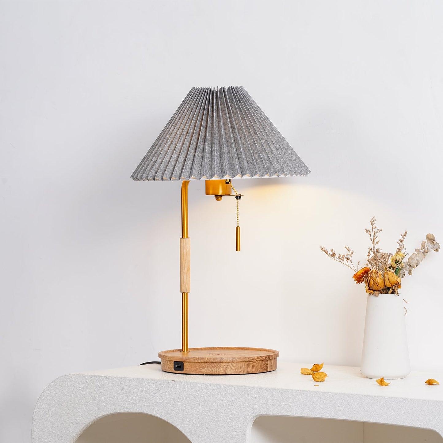 Pleated Retro Wooden Table Lamp - Dimmable LED, Adjustable Shade