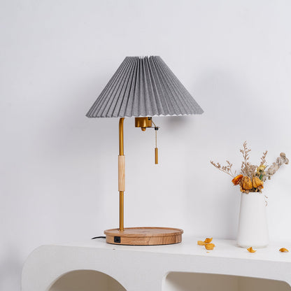 Pleated Retro Wooden Table Lamp - Dimmable LED, Adjustable Shade