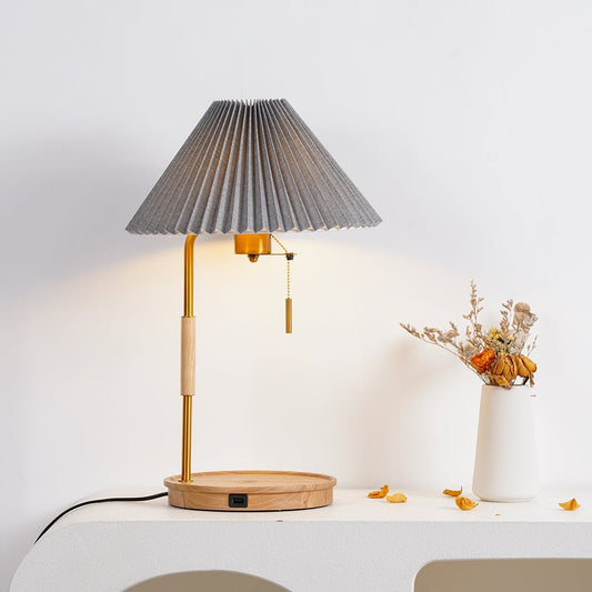 Pleated Retro Wooden Table Lamp - Dimmable LED, Adjustable Shade