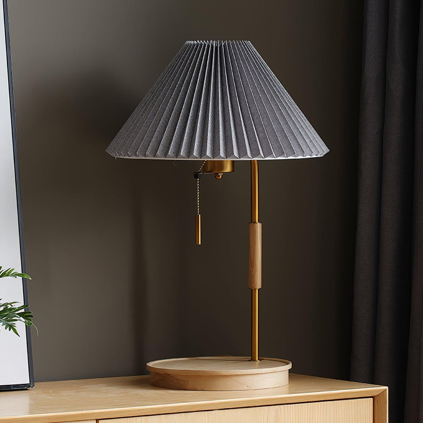 Pleated Retro Wooden Table Lamp - Dimmable LED, Adjustable Shade