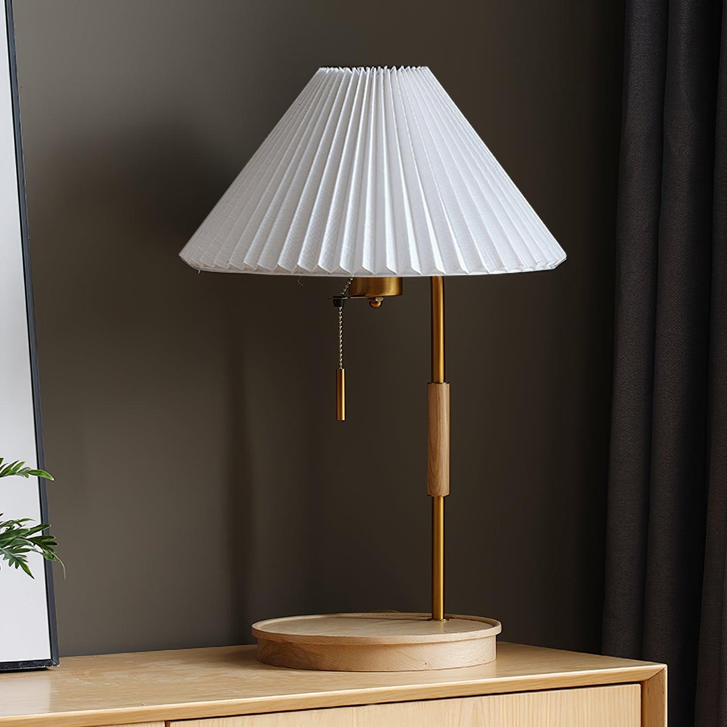 Pleated Retro Wooden Table Lamp - Dimmable LED, Adjustable Shade