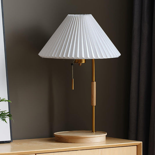 Pleated Retro Wooden Table Lamp - Dimmable LED, Adjustable Shade