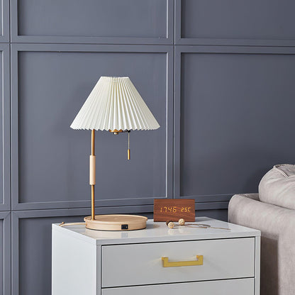 Pleated Retro Wooden Table Lamp - Dimmable LED, Adjustable Shade