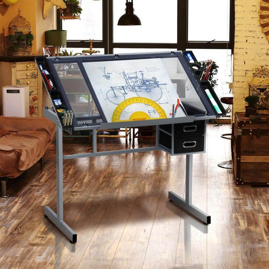 Tinted Glass Drafting Table with Light-Table Function & Storage — front view