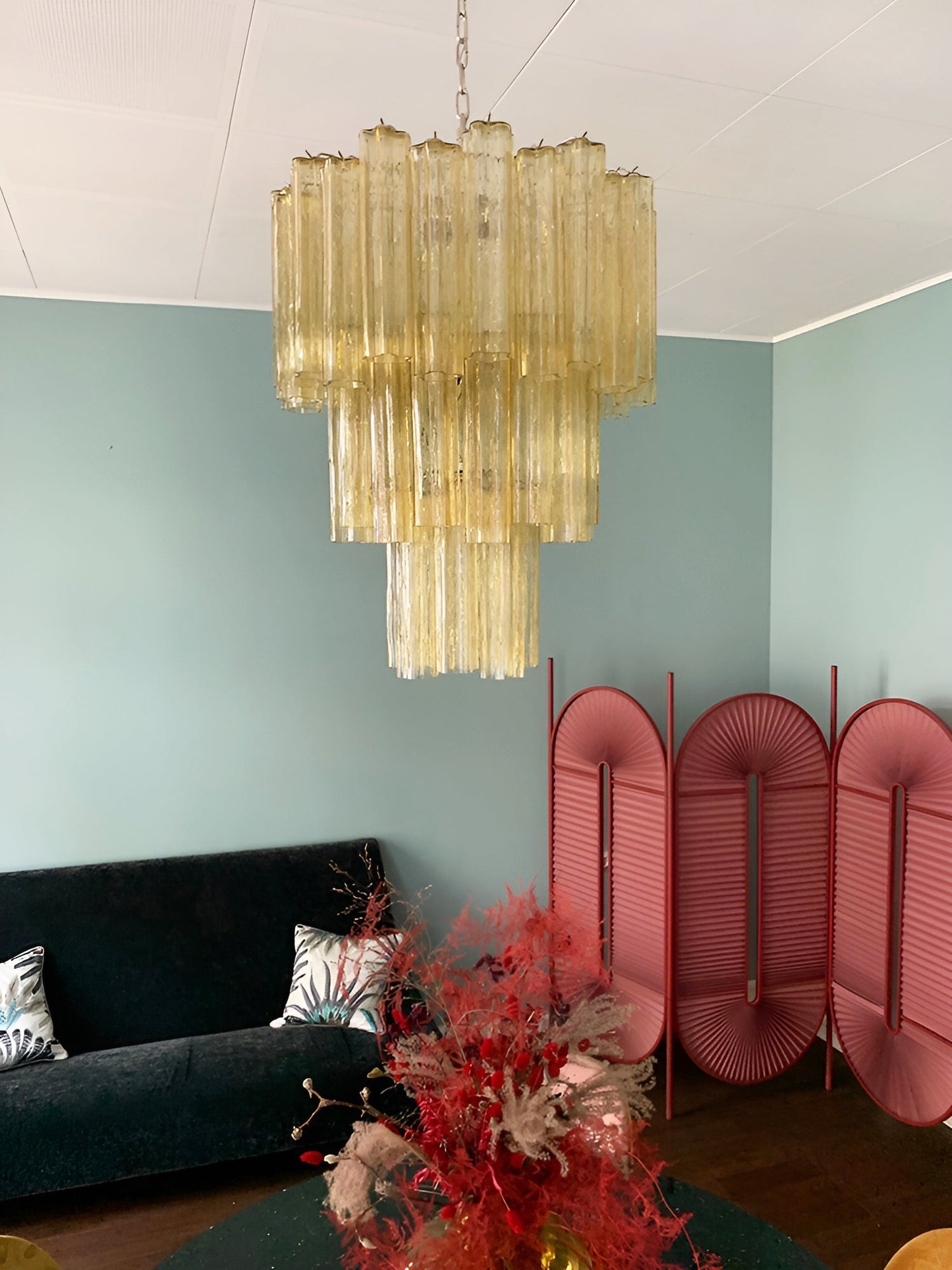 Elegant Yellow Glass Tube Chandelier with Adjustable Height & LED Comp